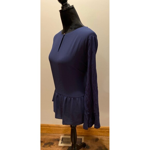 Michael Kors Blouse Plus Sz XL Top Navy Ruffle Hem Bell Long Sleeves Dressy Chic - Picture 3 of 10